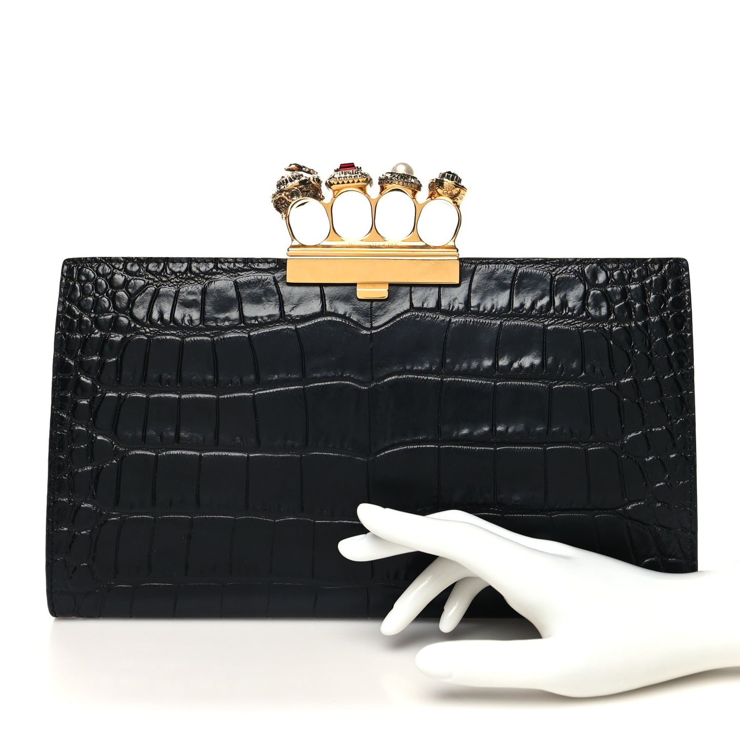Calfskin Crocodile Embossed Knuckle Flat Clutch Black Gold