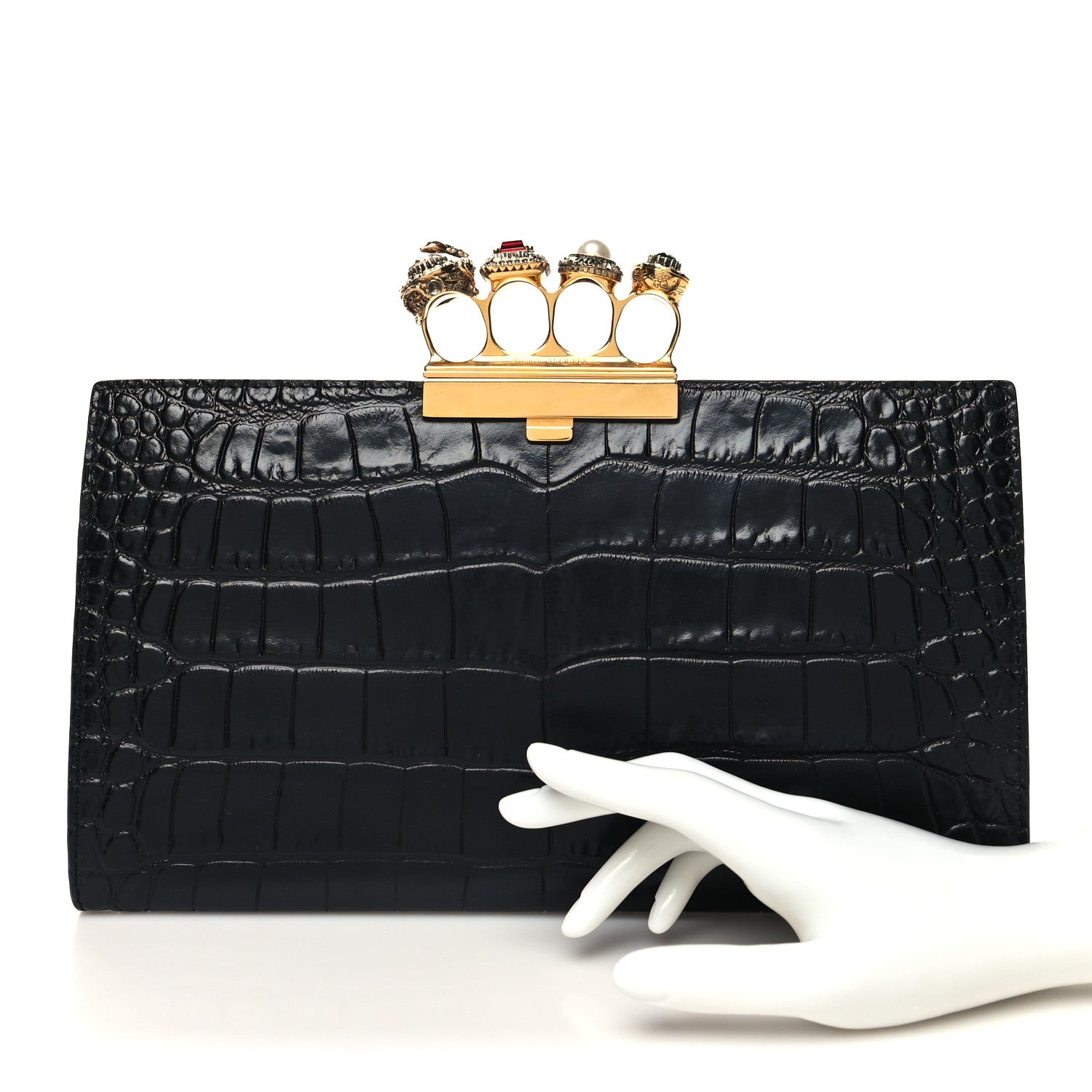 Alexander McQueen Calfskin Crocodile Embossed Knuckle Flat Clutch Black Gold 2 of 13