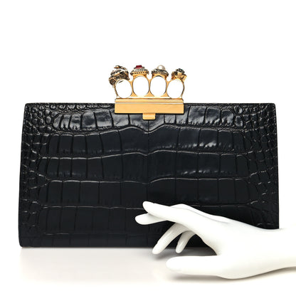 Alexander McQueen Calfskin Crocodile Embossed Knuckle Flat Clutch Black Gold 2 of 13