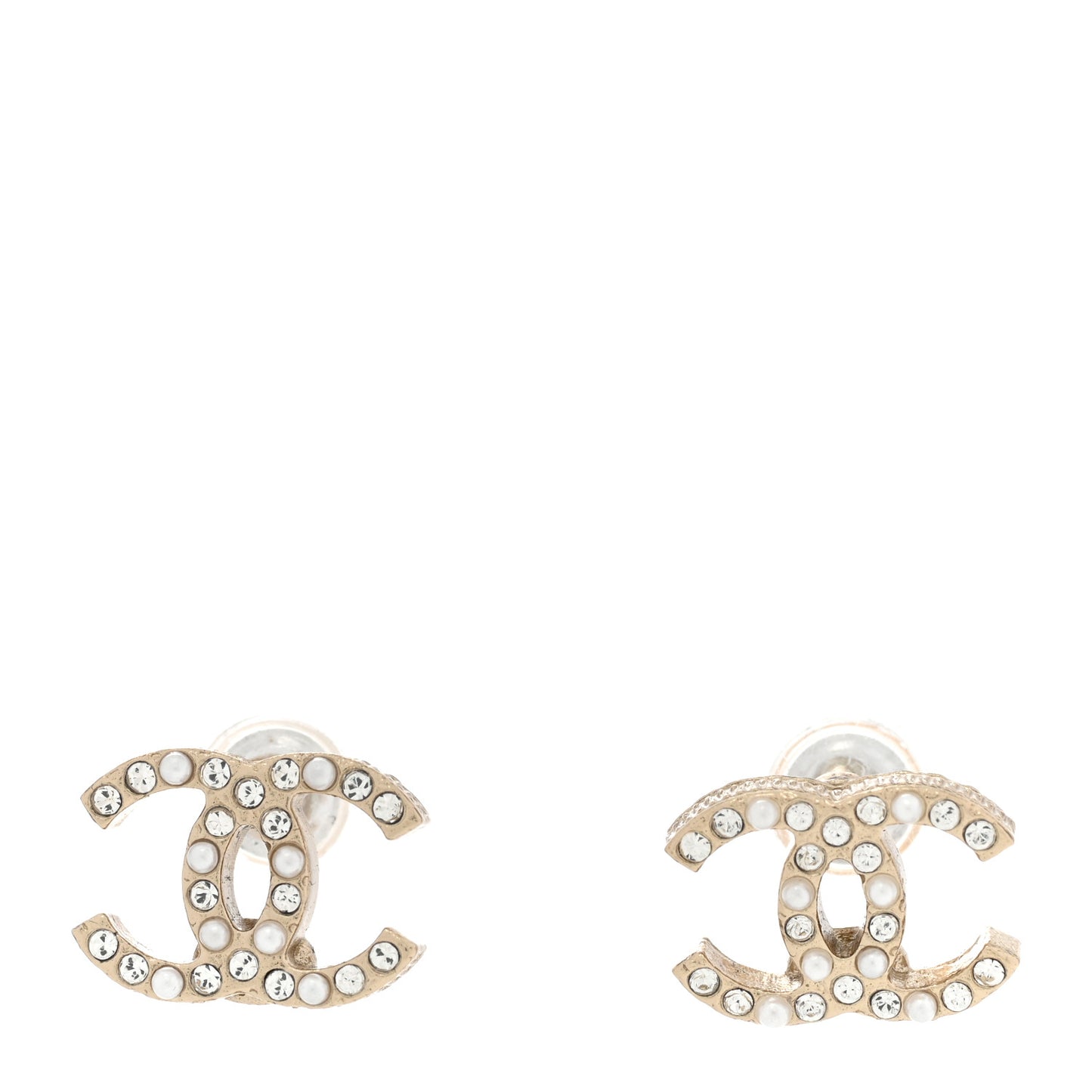 Pearl Crystal CC Charms Stud Earrings Light Gold