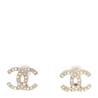 Chanel Pearl Crystal CC Charms Stud Earrings Light Gold 1 of 5