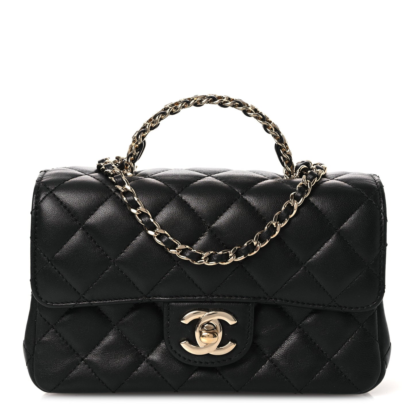 Lambskin Quilted Mini Crystal Top Handle Rectangular Flap Black