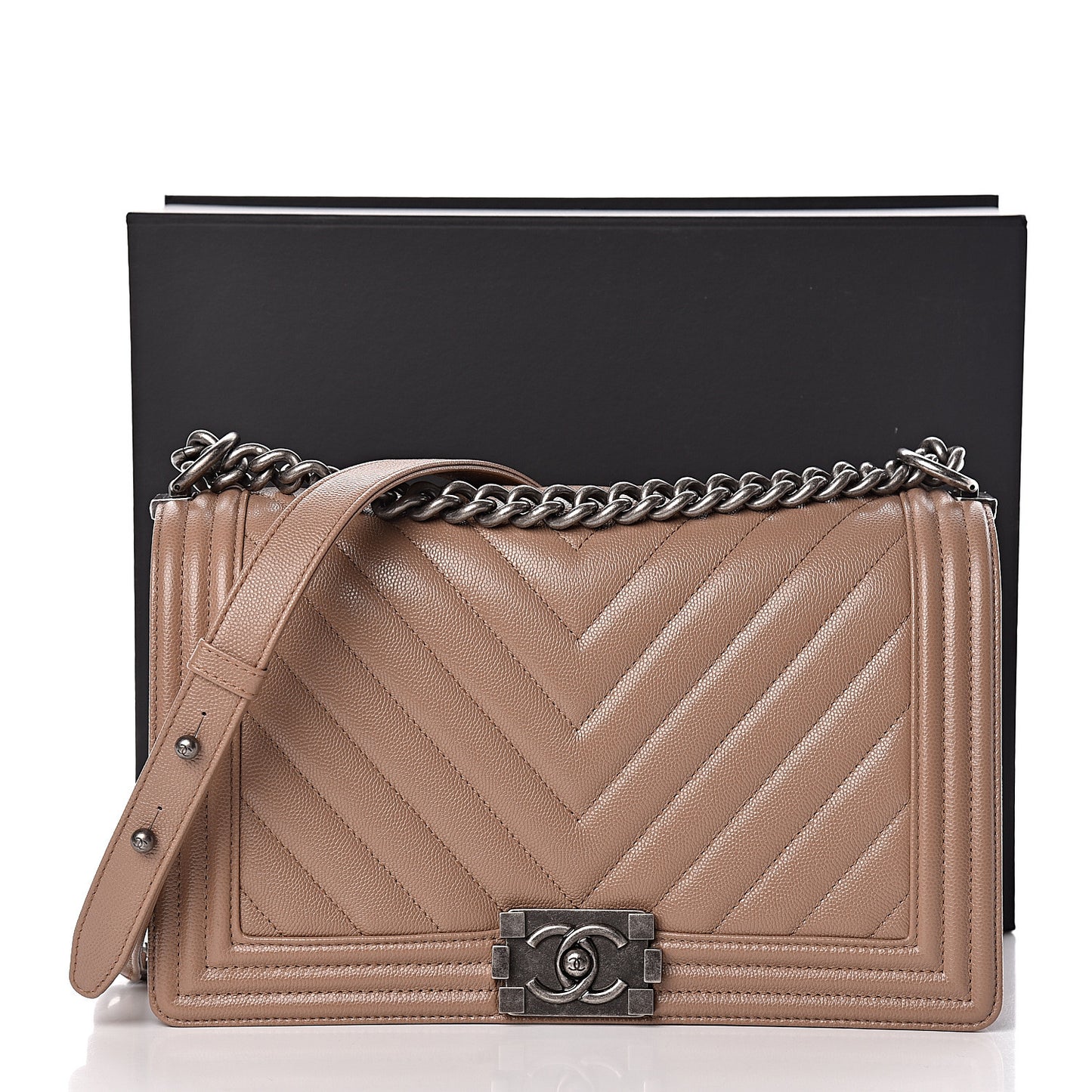 Caviar Chevron New Medium Boy Flap Dark Beige