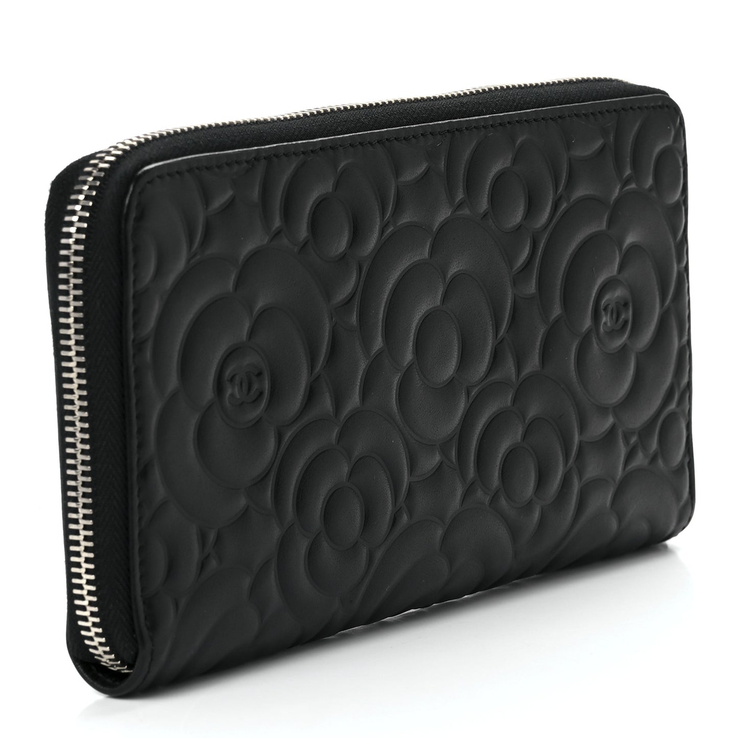 Lambskin Camellia Embossed Large Zip Around Gusset Wallet Black