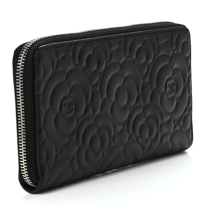 Chanel Lambskin Camellia Embossed Large Zip Around Gusset Wallet Black 2 of 11