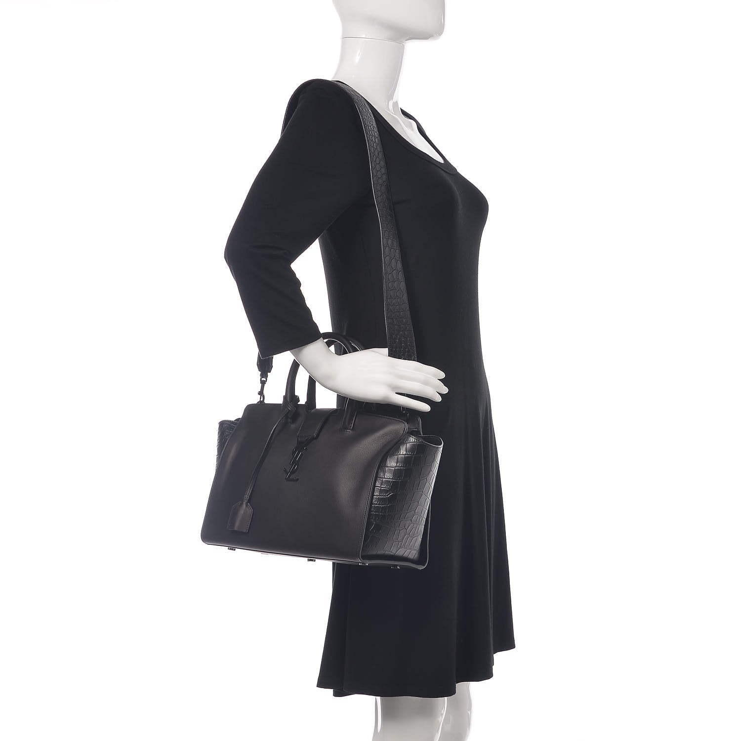 Saint Laurent Smooth Calfskin Crocodile Embossed Small Monogram Downtown Cabas Black 2 of 9