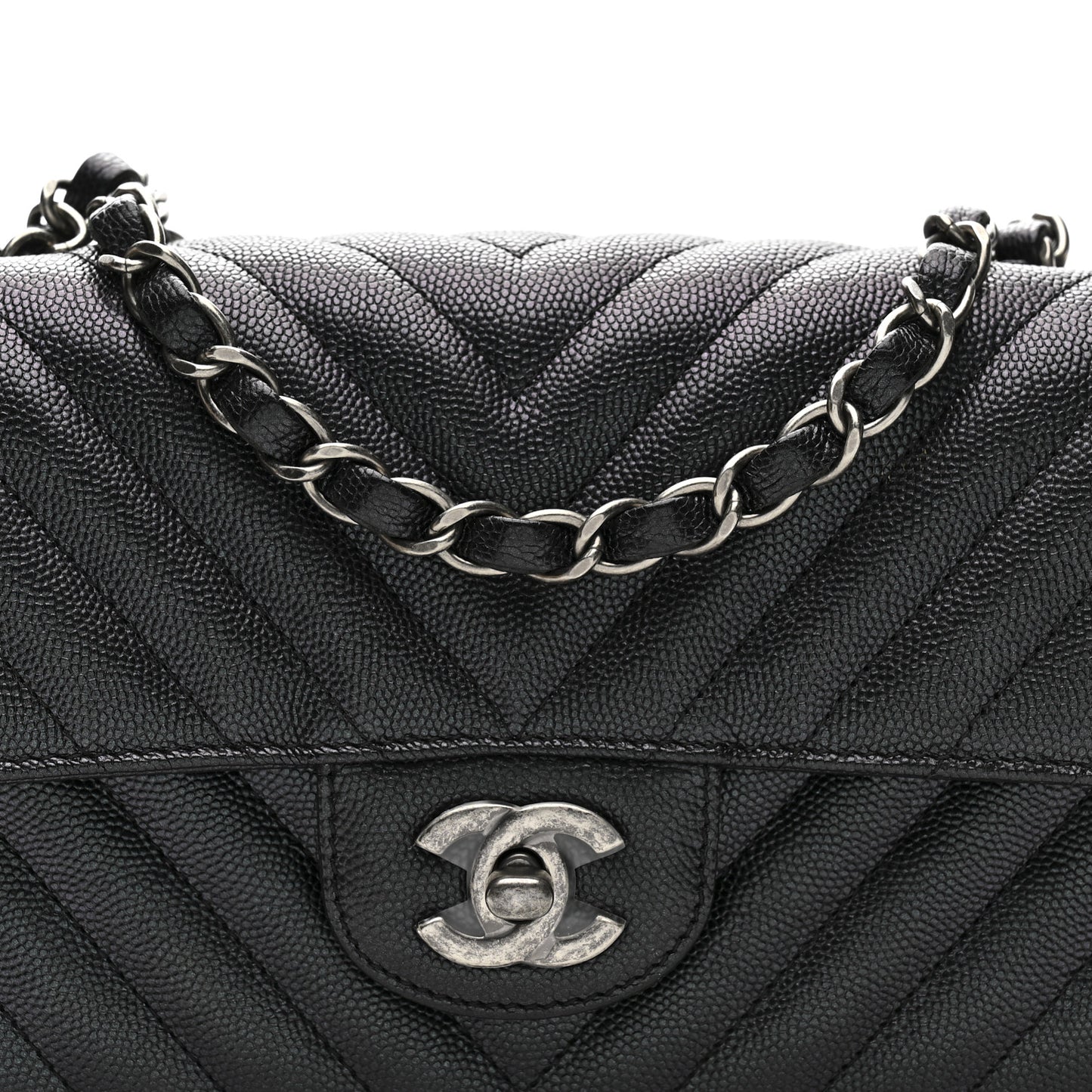 Metallic Caviar Chevron Quilted Mini Rectangular Flap Black