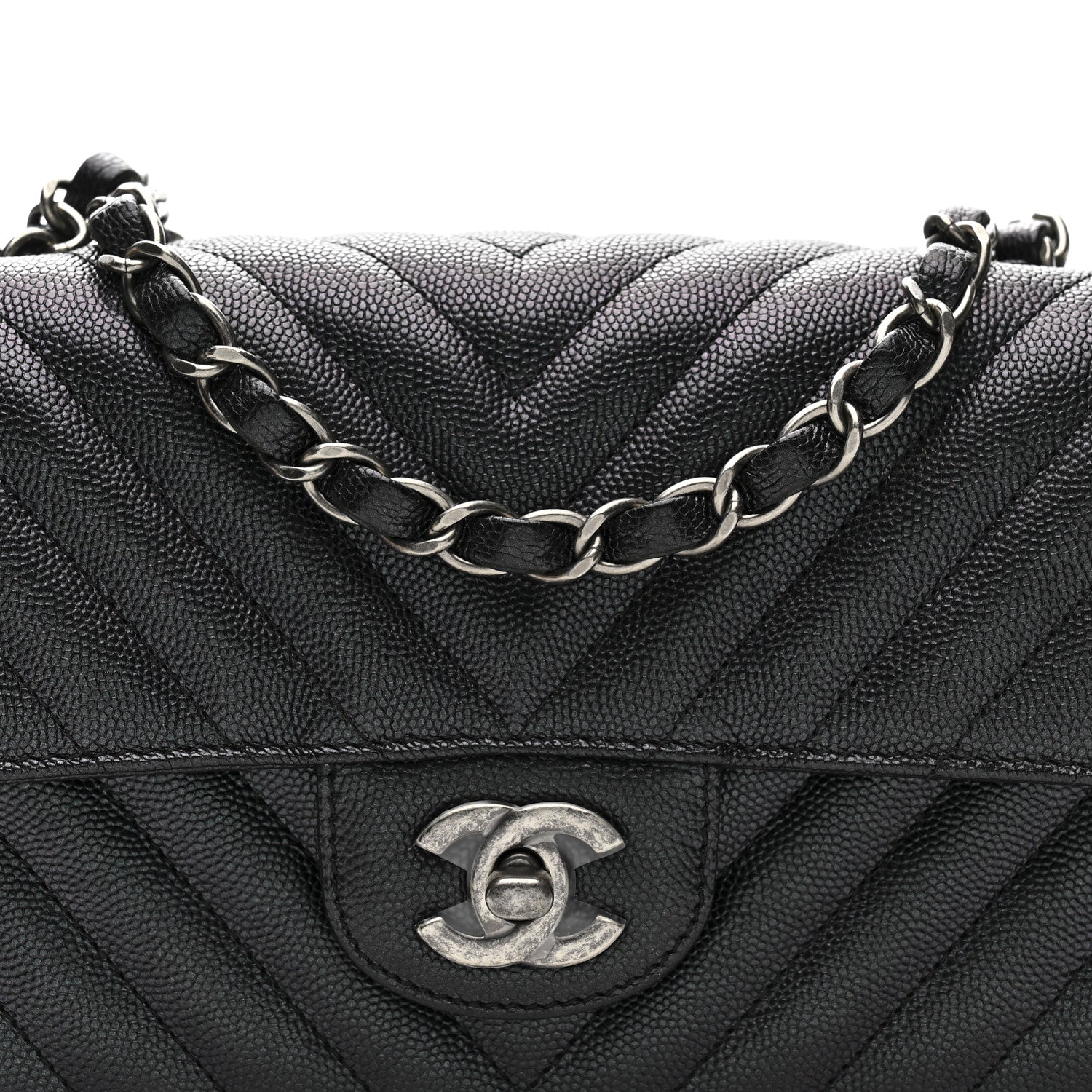 Chanel Metallic Caviar Chevron Quilted Mini Rectangular Flap Black 8 of 10
