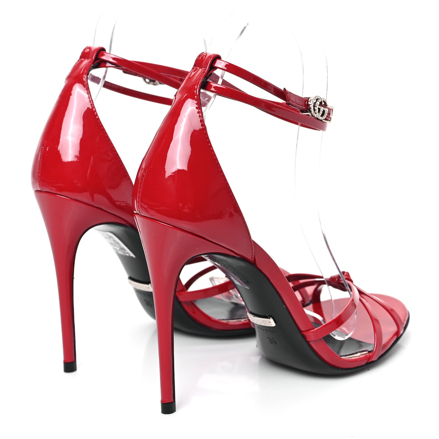 Patent Crystal Double G Ankle Wrap Sandals 36 Red