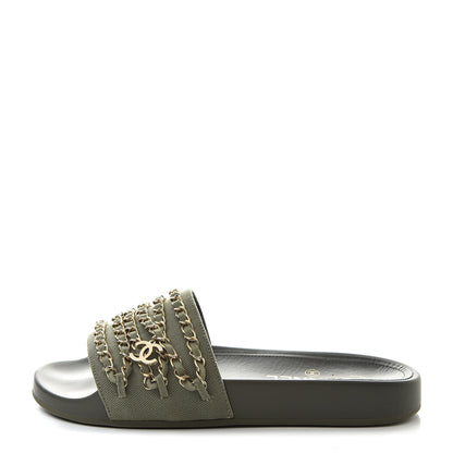 Chanel Canvas Chain Flat Sandals 37 Khaki 1 of 9