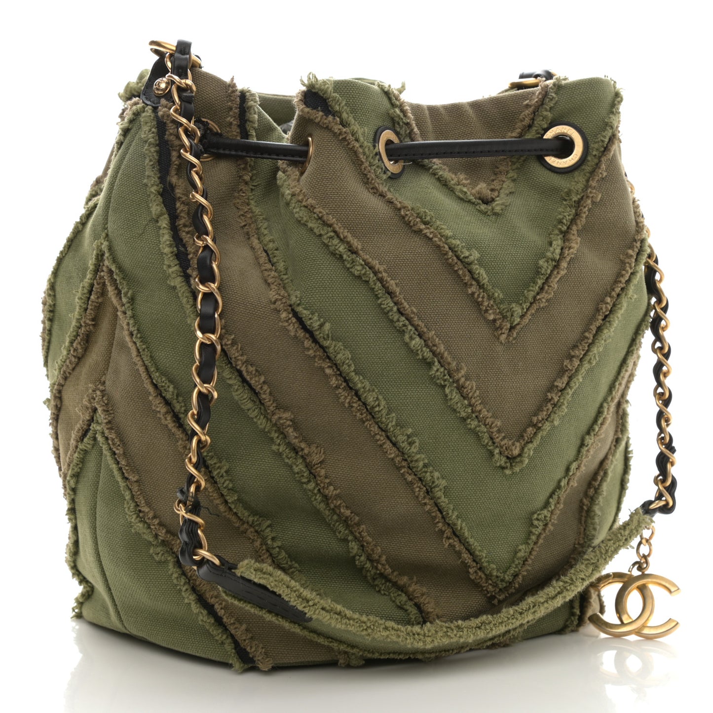 Canvas Chevron Cuba Patchwork Bucket Bag Khaki