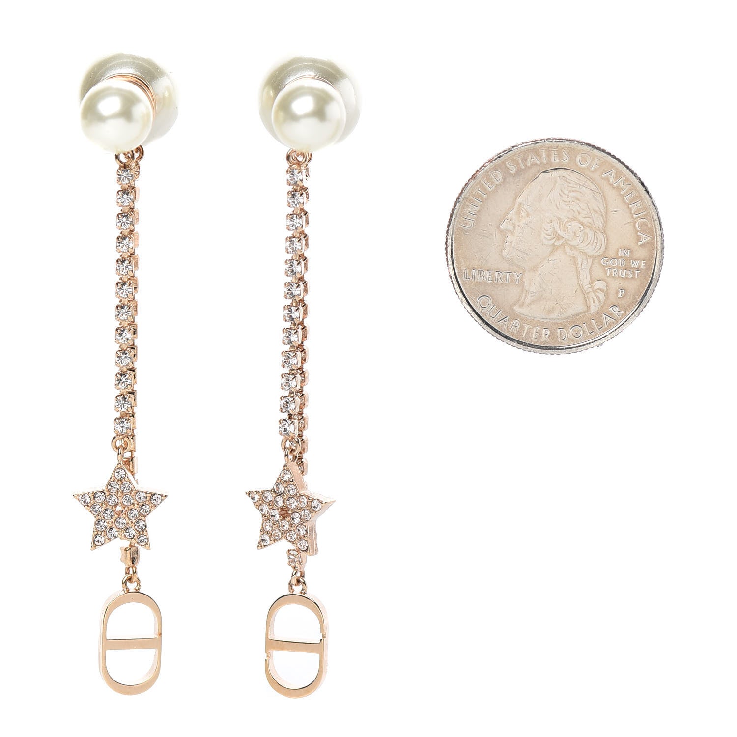 Christian Dior Pearl Crystal Star Tribale Dangle Chain Earrings Rose Gold 2 of 4