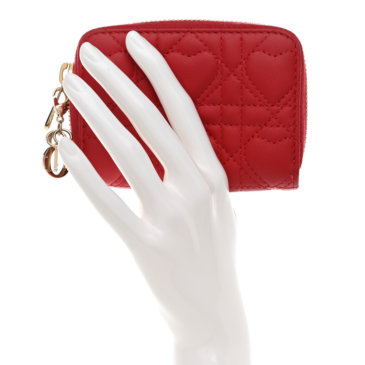 Christian Dior Lambskin Cannage Dioramour Small Lady Dior Voyageur Coin Purse Wallet Spicy Red 2 of 9