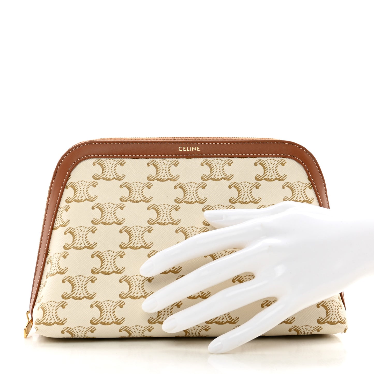 Triomphe Canvas Calfskin Medium Cosmetic Pouch White Tan