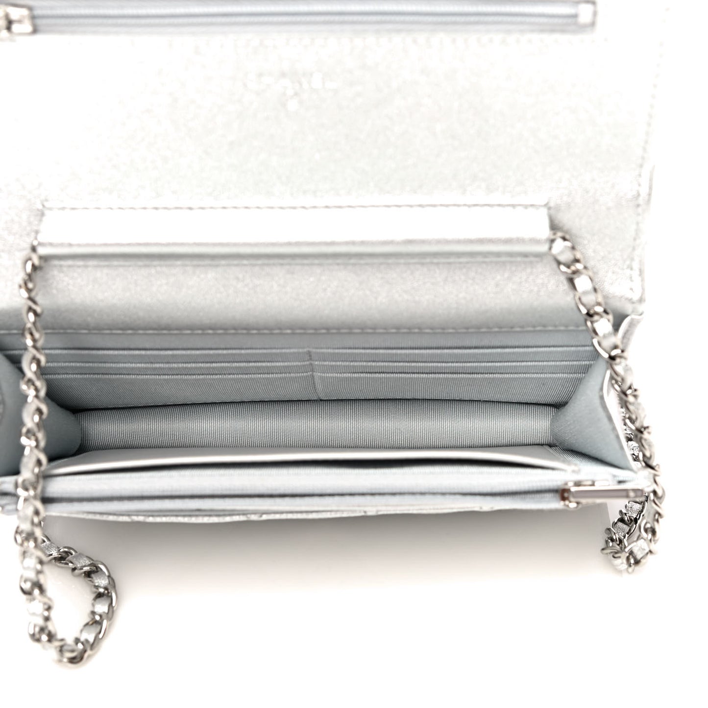 Metallic Lambskin Quilted Wallet On Chain WOC Silver