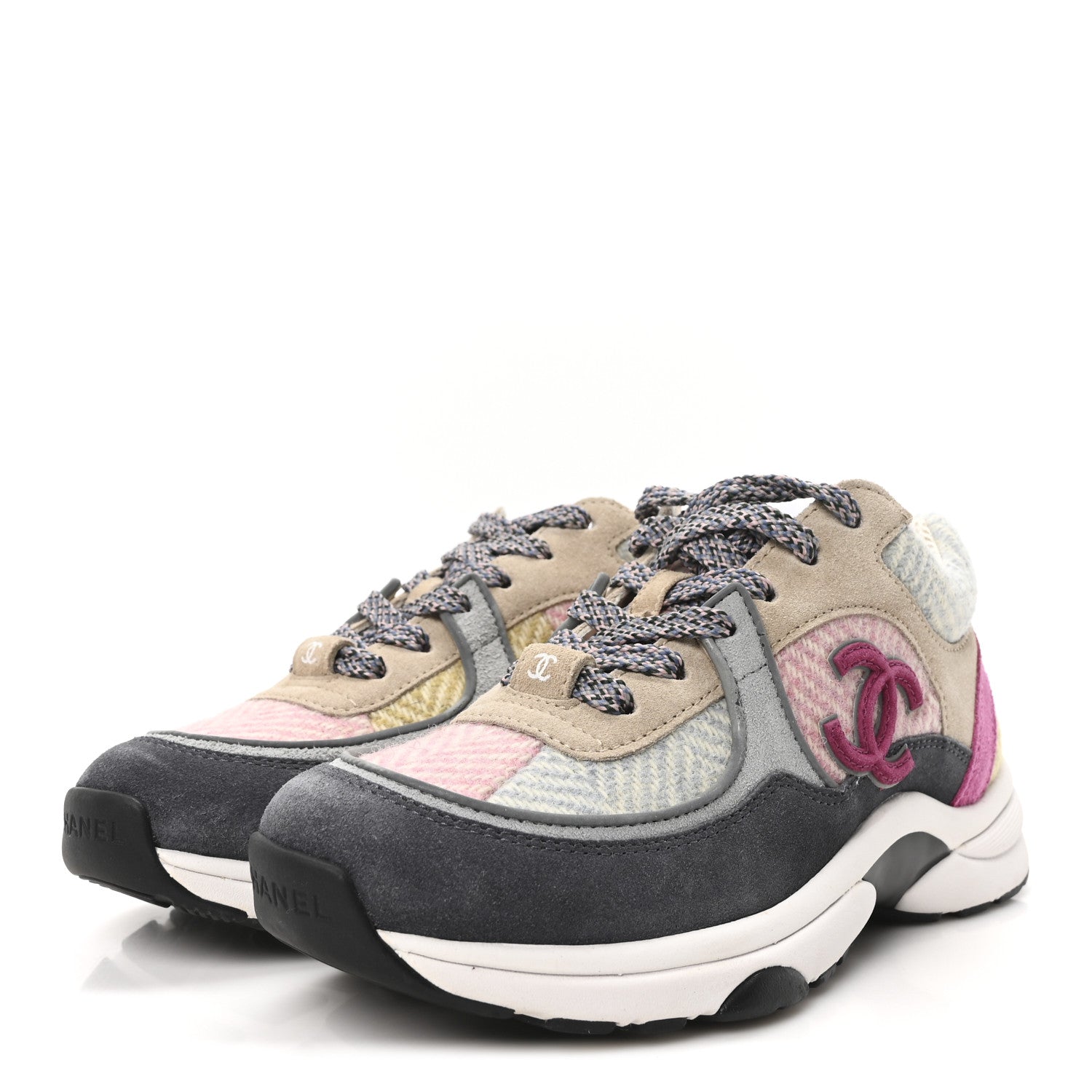 Chanel Fabric Suede Calfskin CC Sneakers 35 Dark Blue Beige Multicolor 3 of 9