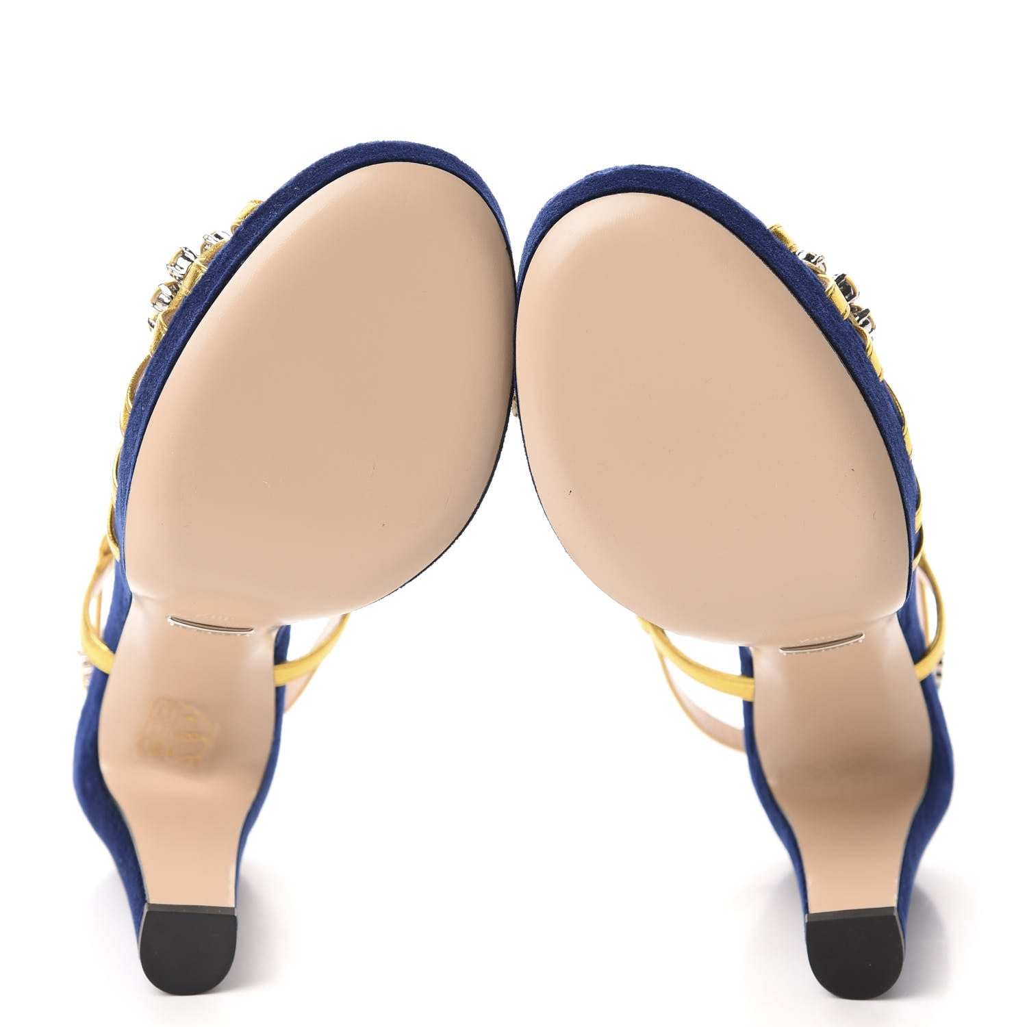 Gucci Velvet Nappa Crystal Zephyra Slingback Platform High Heel Sandals 38.5 Blue Gold 6 of 9