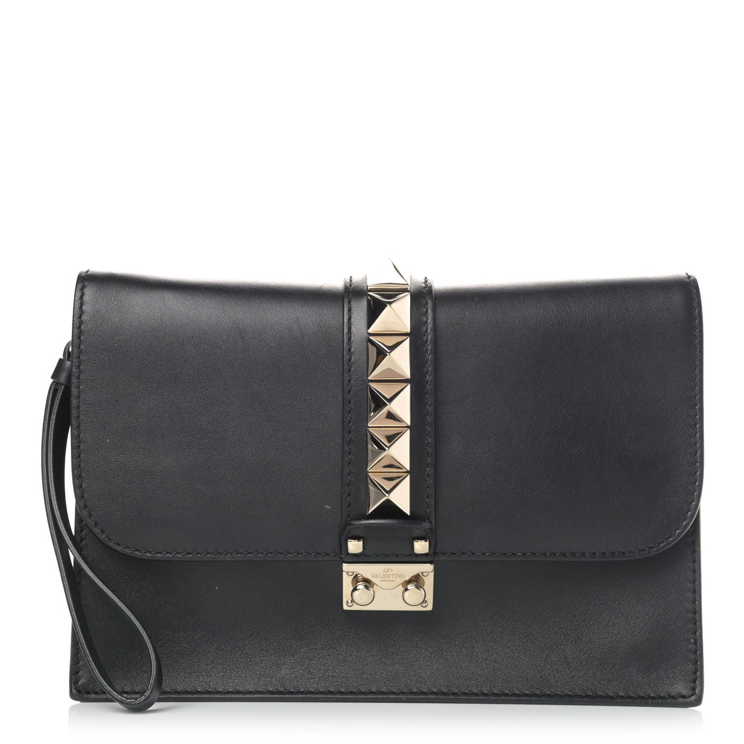 Valentino Garavani Vitello Glam Lock Rockstud Clutch Black 1 of 4