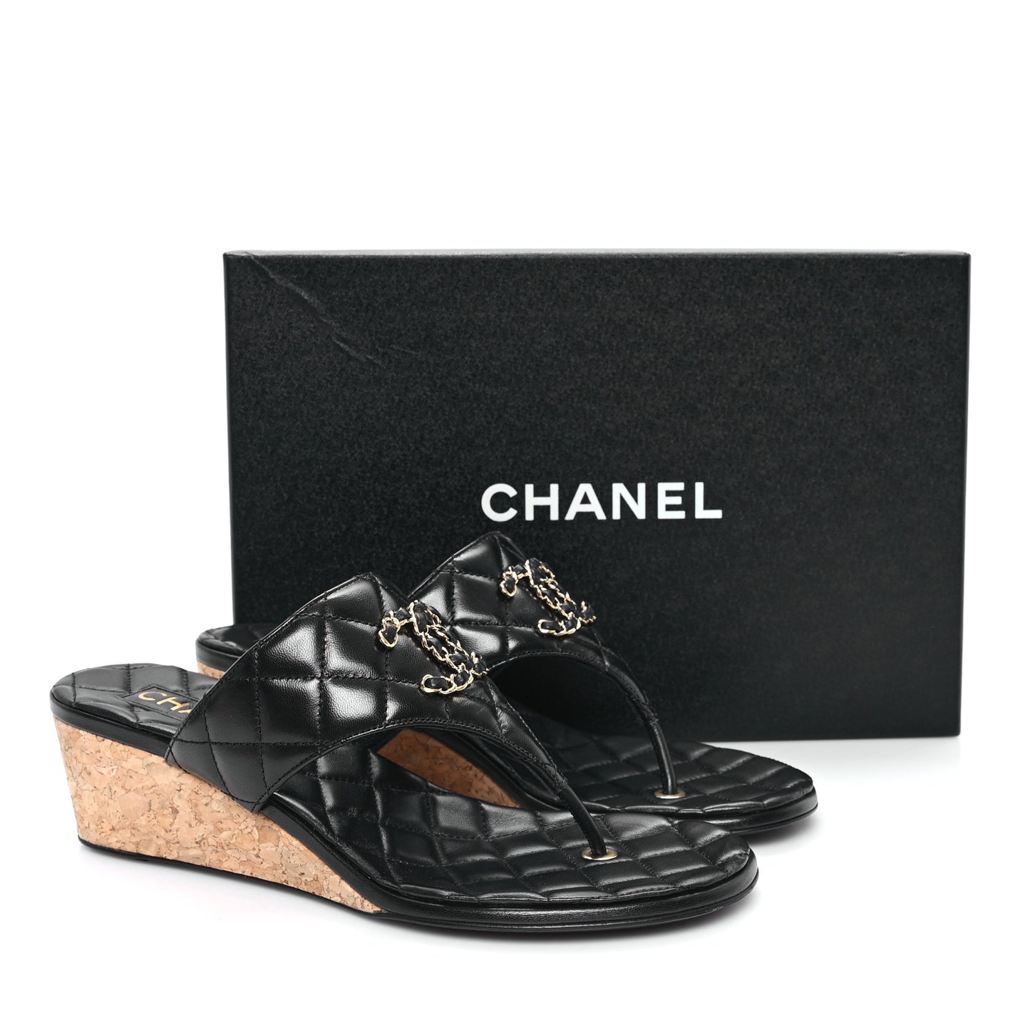 Shiny Goatskin Cork CC Wedge Sandals 39 Black