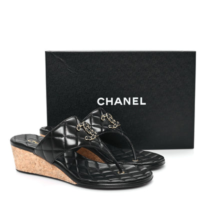 Chanel Shiny Goatskin Cork CC Wedge Sandals 39 Black 10 of 10