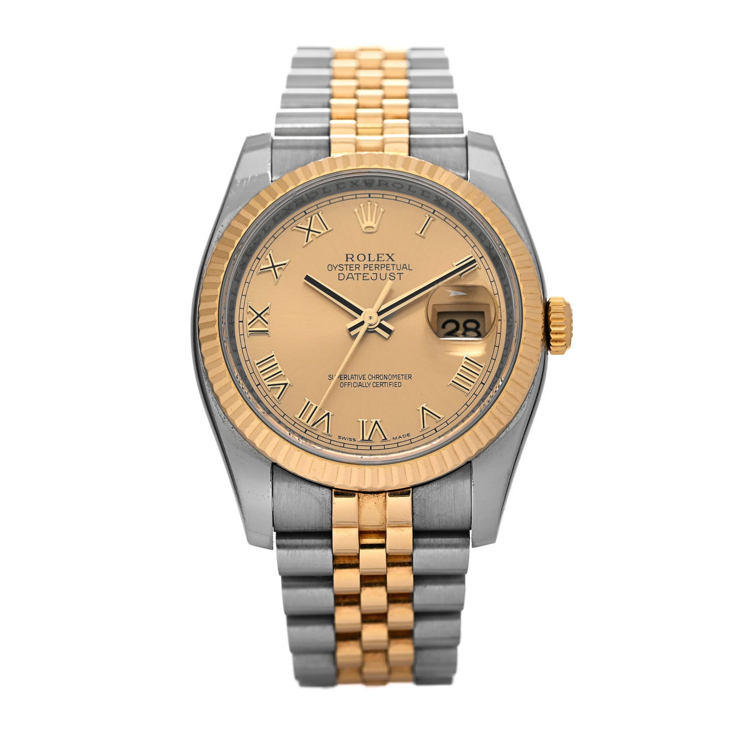 Stainless Steel 18K Yellow Gold 36mm Oyster Perpetual Datejust Watch Champagne Roman 116233