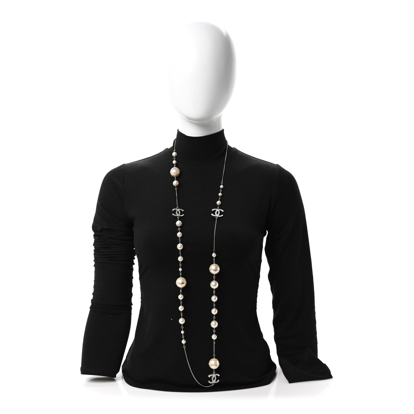 Baguette Crystal Pearl CC Long Necklace Silver
