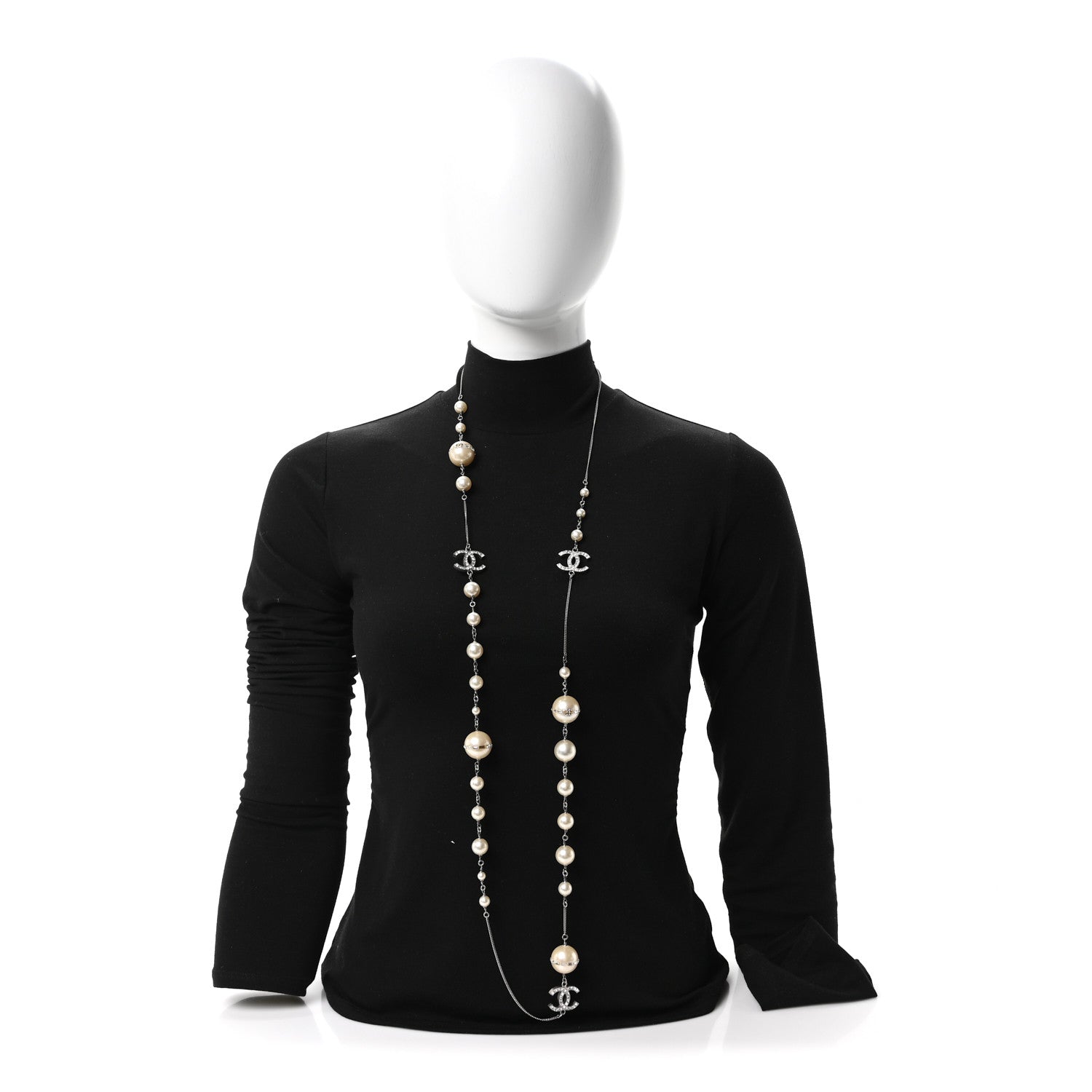 Chanel Baguette Crystal Pearl CC Long Necklace Silver 2 of 4