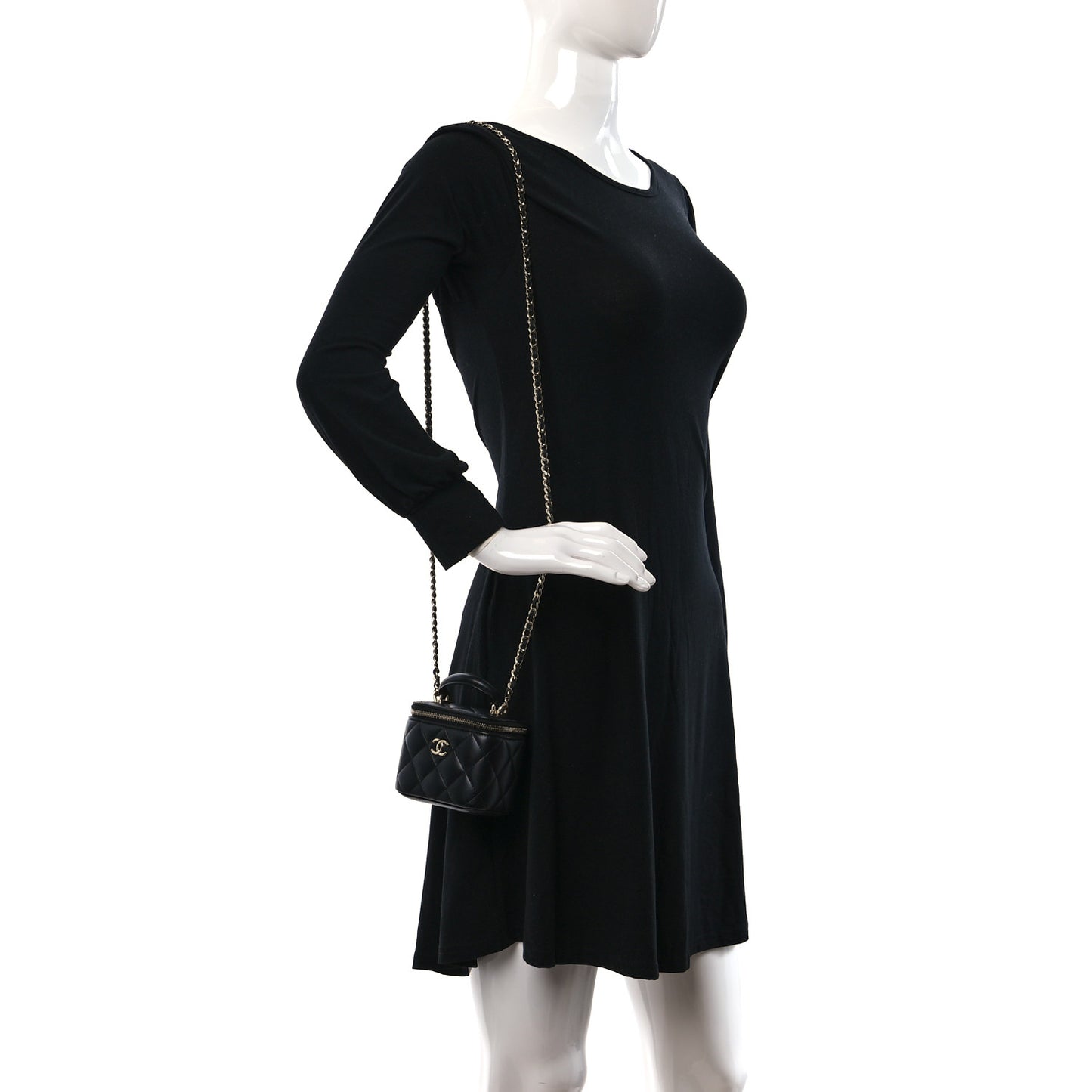Lambskin Quilted Top Handle Mini Vanity Case With Chain Black