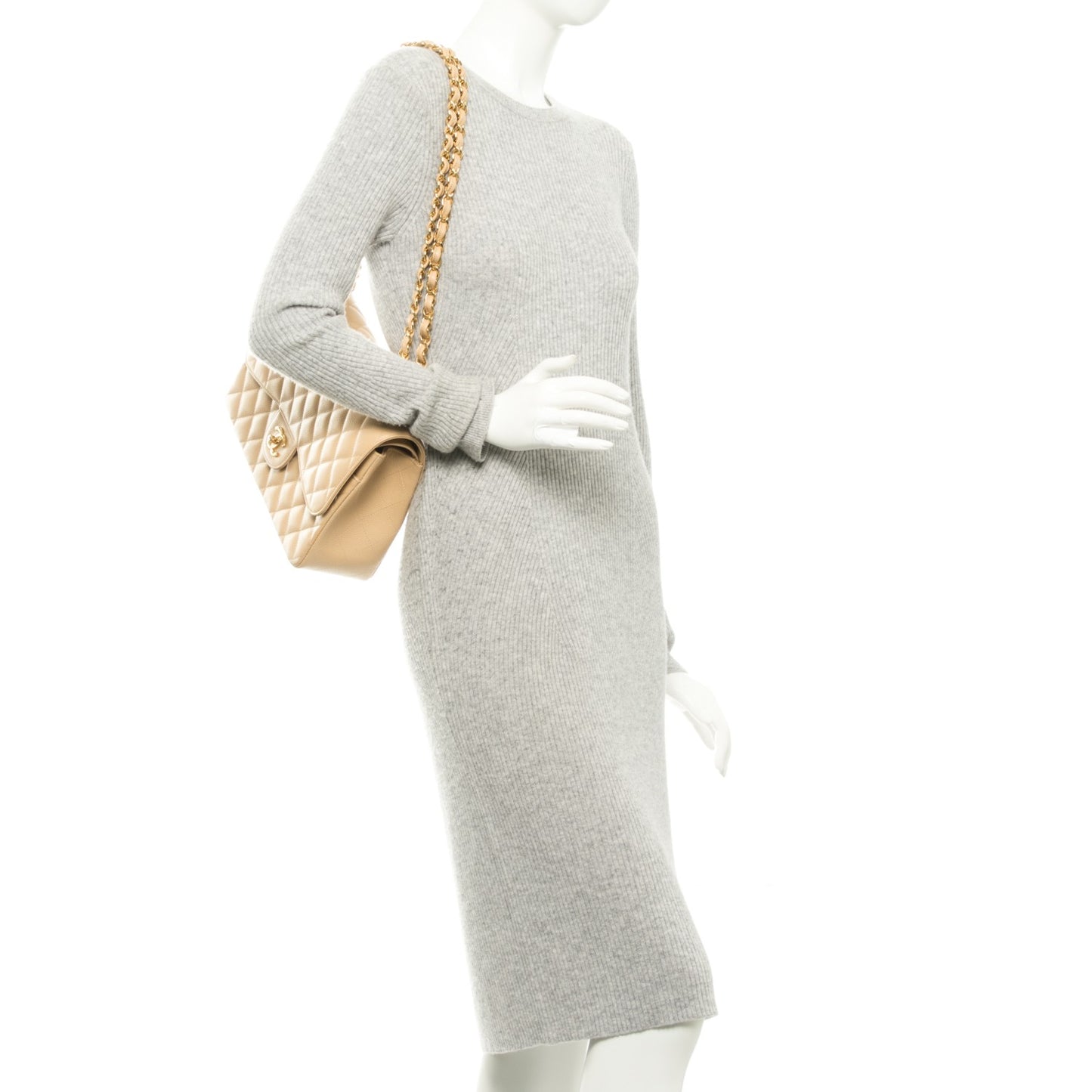 Caviar Quilted Jumbo Double Flap Beige Clair