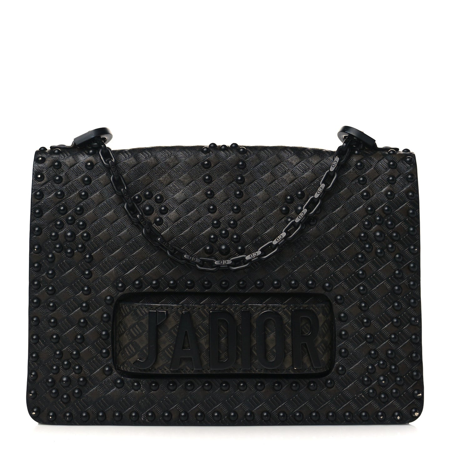 Calfskin Embossed Cannage Studded J'Adior Chain Flap Bag Black