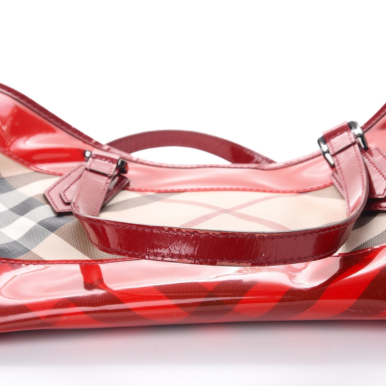Burberry Supernova Check Patent Trim Shopper Tote Bag Red 9 of 12