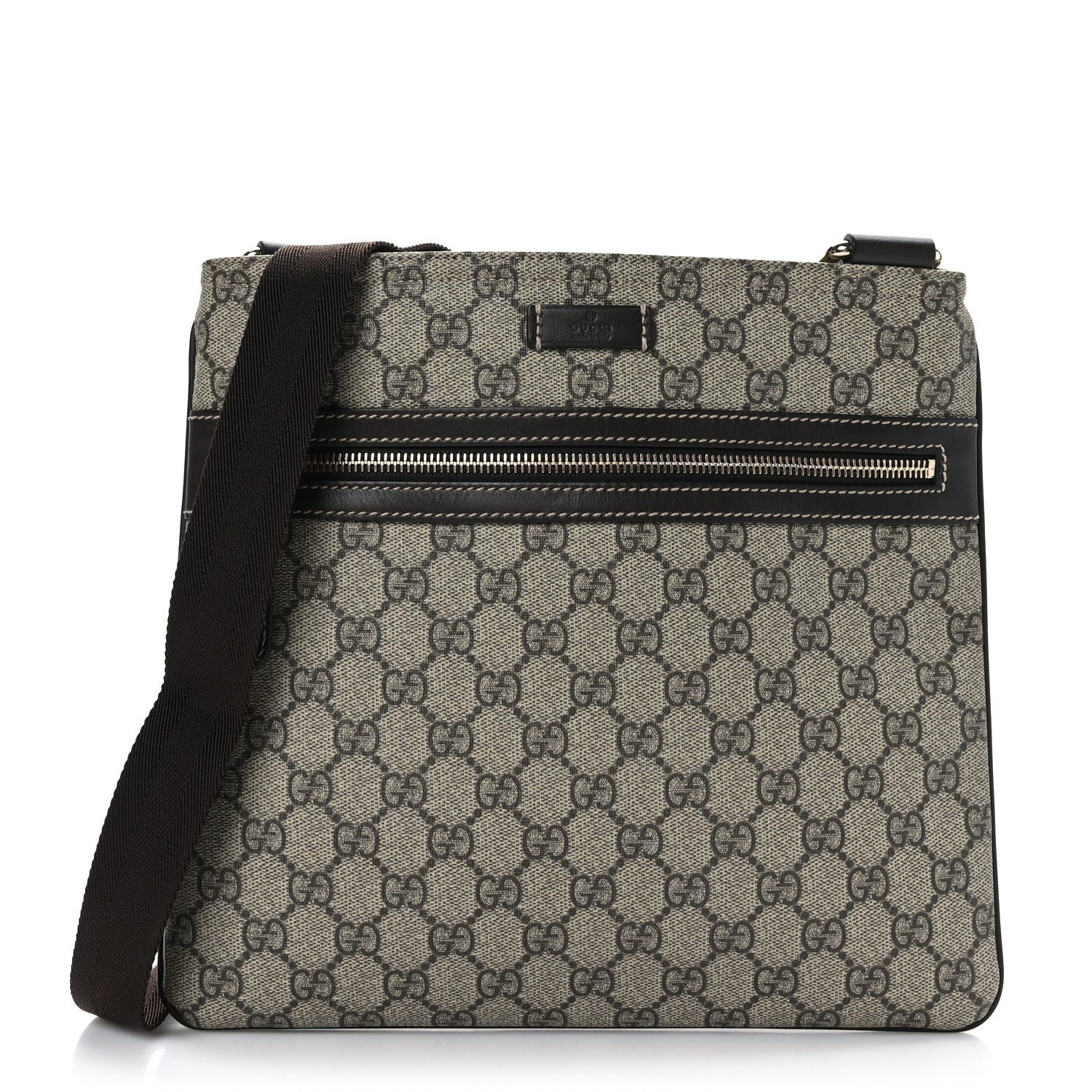 Gucci GG Supreme Monogram Selleria Calfskin Small Flat Side Zip Messenger Bag Beige Ebony Cocoa Dark Chocolate 1 of 10