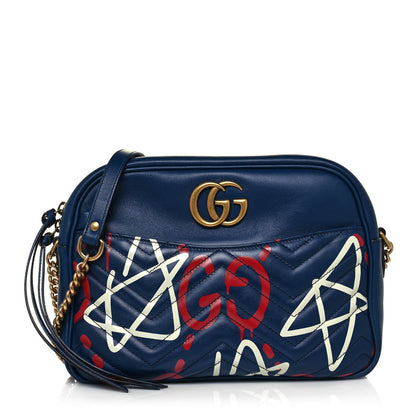 Gucci Calfskin Matelasse GucciGhost Medium GG Marmont Chain Shoulder Bag Blue Agata Hibiscus Red 1 of 11