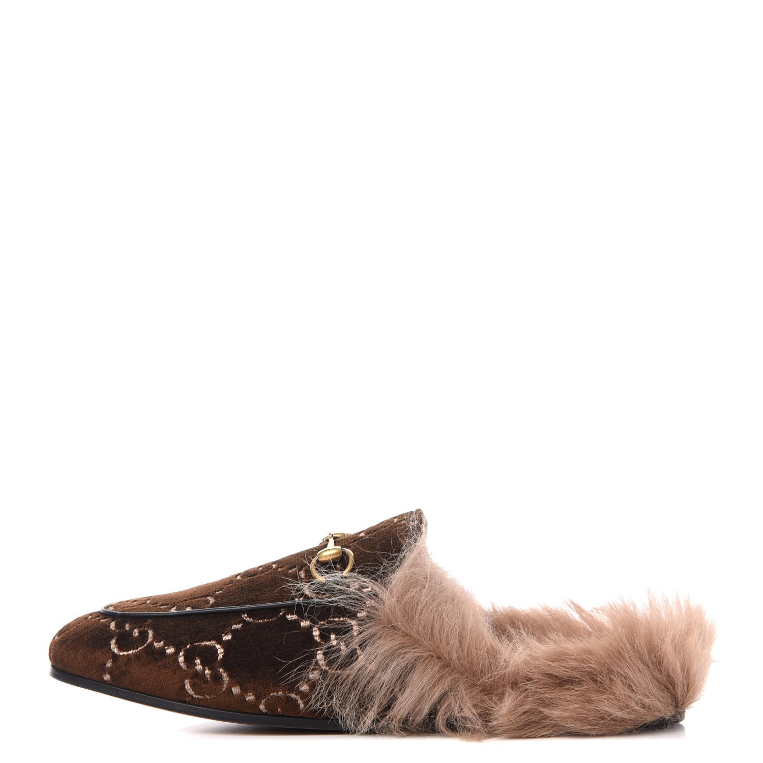 Gucci Velvet GG Monogram Fur Womens Princetown Slippers 39 Brown Black Natural 1 of 10