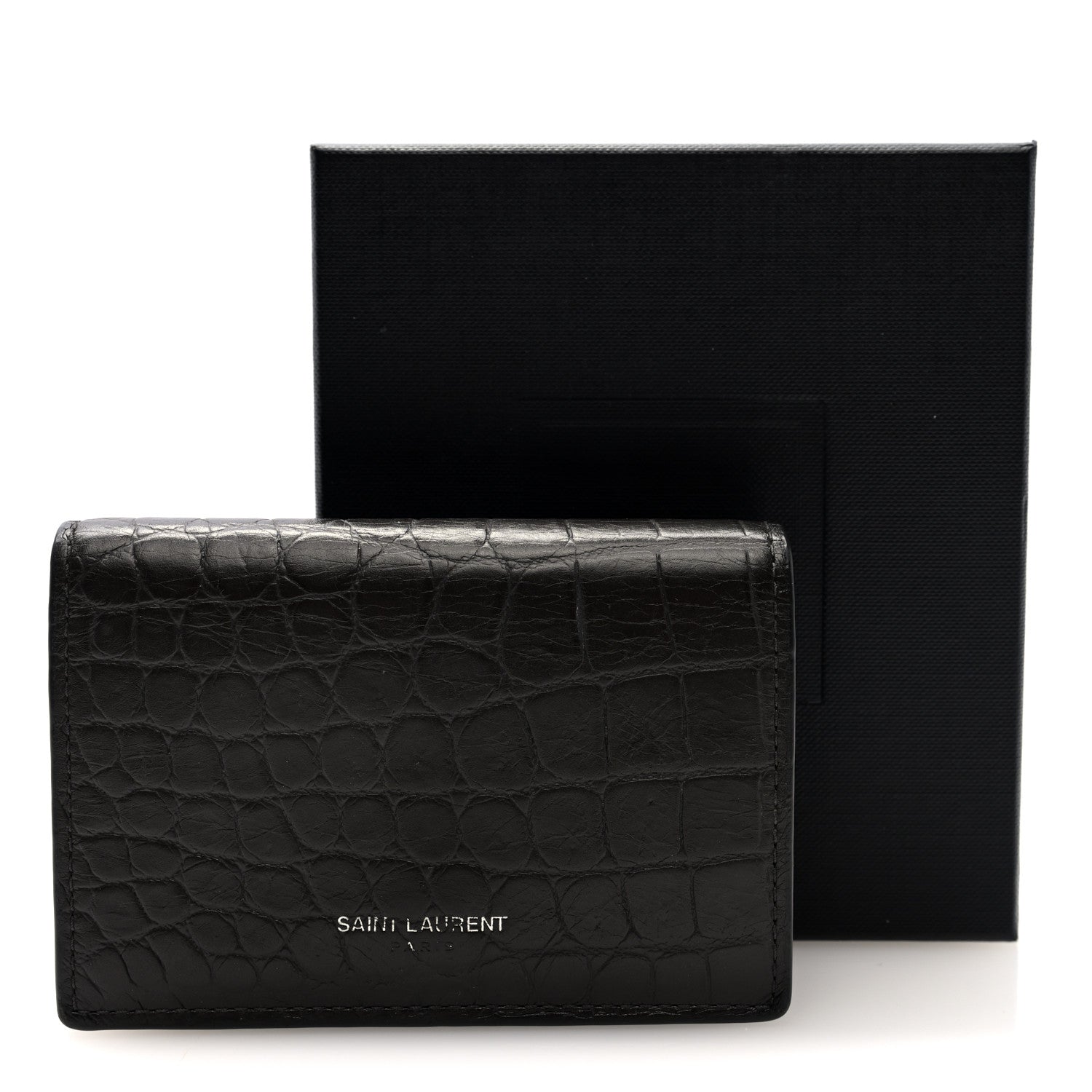 Saint Laurent Calfskin Crocodile Embossed Business Card Case Coal 7 of 7