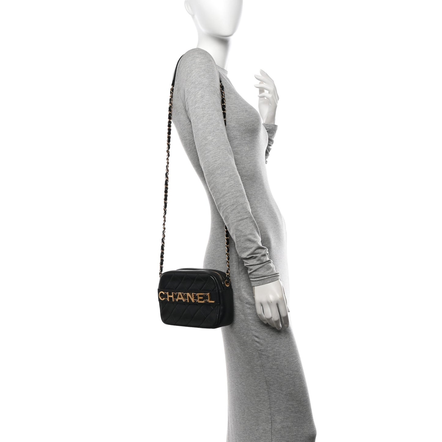 Calfskin Quilted Enchained Camera Case Bag Black