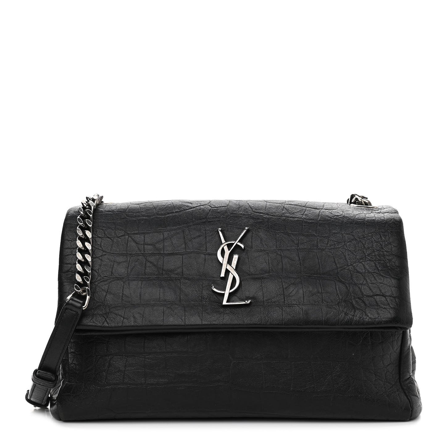 Calfskin Crocodile Embossed Medium West Hollywood Monogram Fold-Over Black