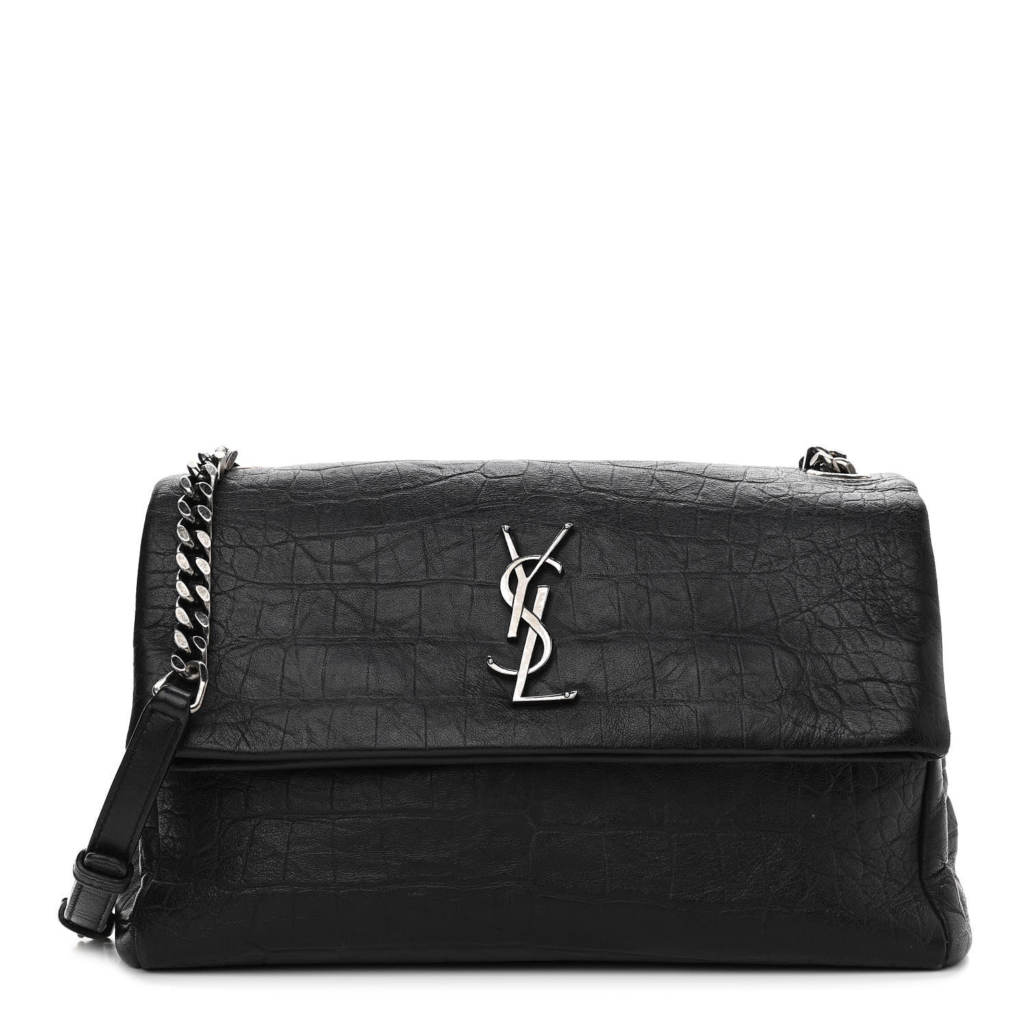 Saint Laurent Calfskin Crocodile Embossed Medium West Hollywood Monogram Fold-Over Black 1 of 13