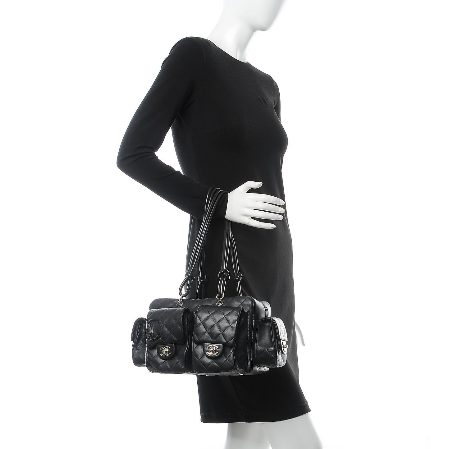 Calfskin Quilted Small Cambon Multipocket Reporter Black