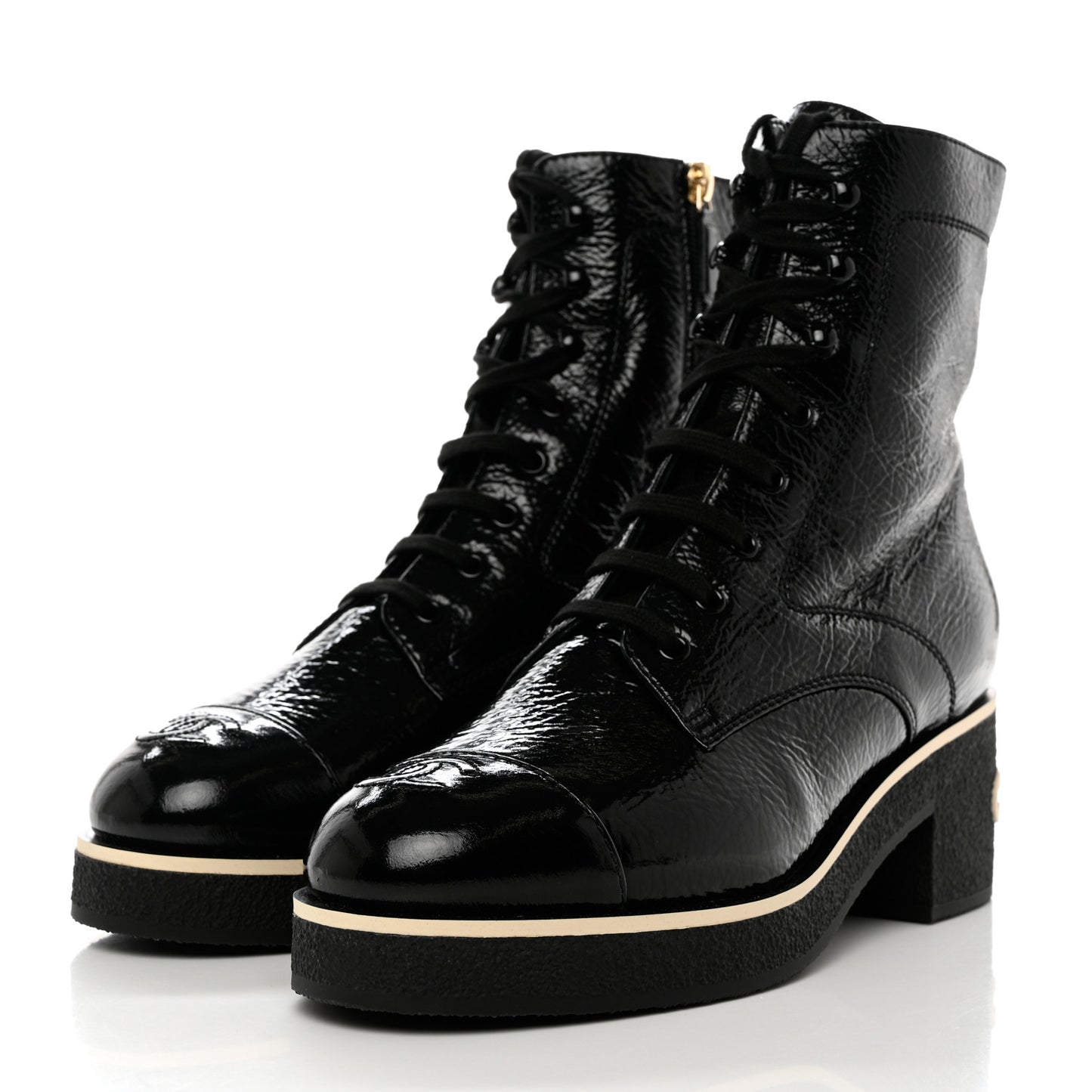 Shiny Crumpled Lambskin Lace Up Combat Boots 40.5 Black