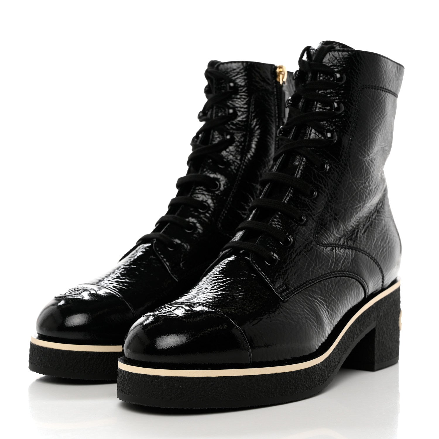 Chanel Shiny Crumpled Lambskin Lace Up Combat Boots 40.5 Black 3 of 9