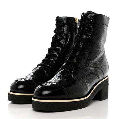 Chanel Shiny Crumpled Lambskin Lace Up Combat Boots 40.5 Black 3 of 9