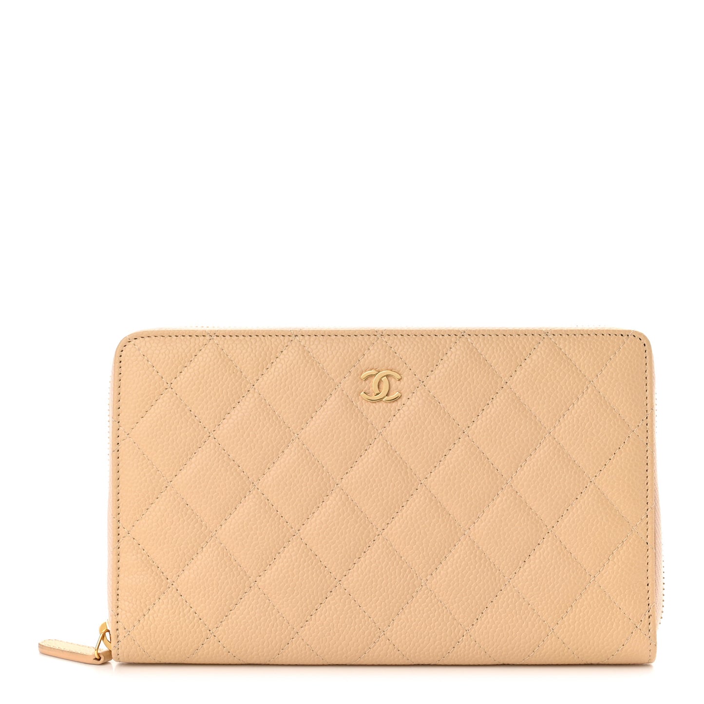 Caviar Quilted Large Zip Around Organizer Wallet Beige