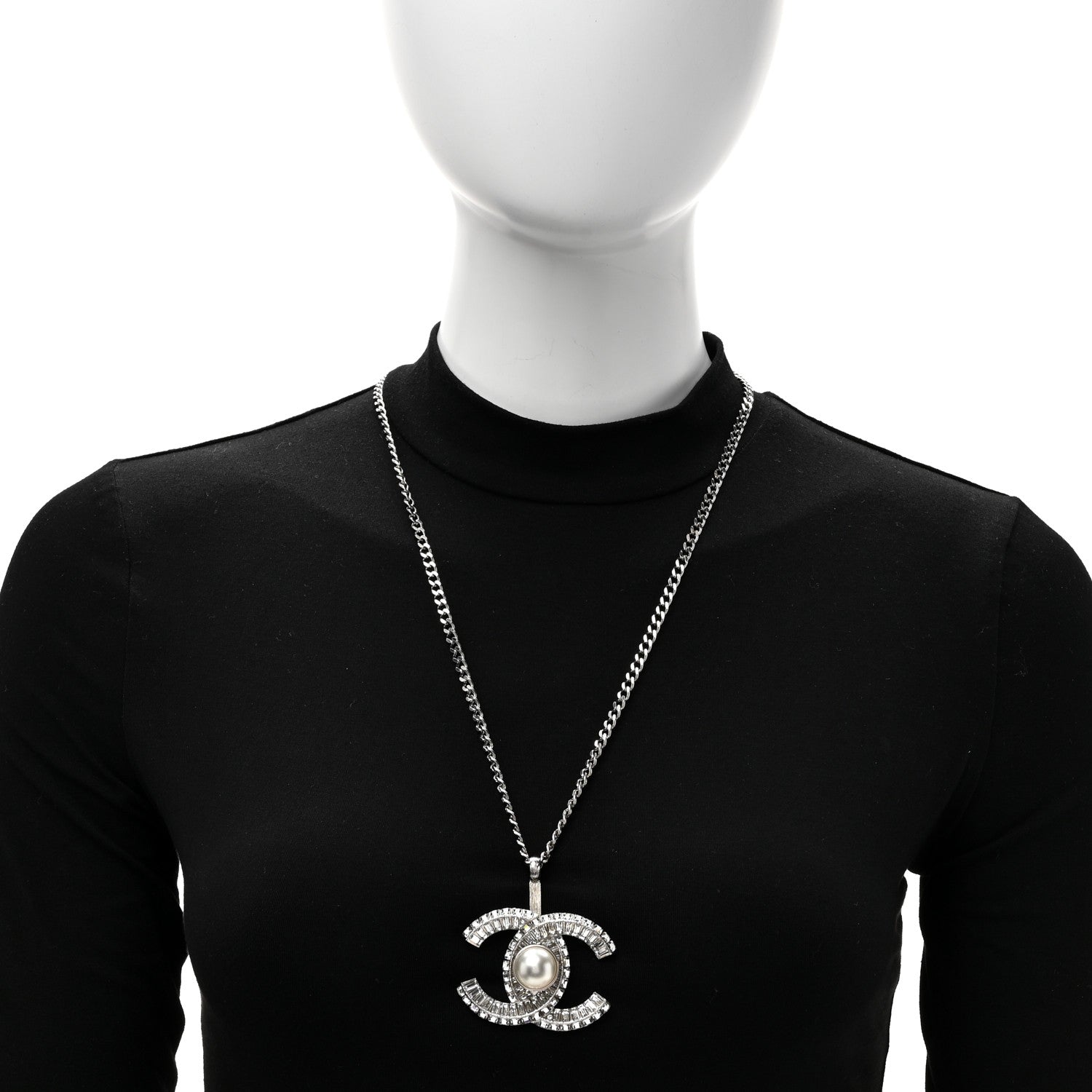Chanel Pearl Baguette Crystal Large CC Pendant Necklace Silver 3 of 5