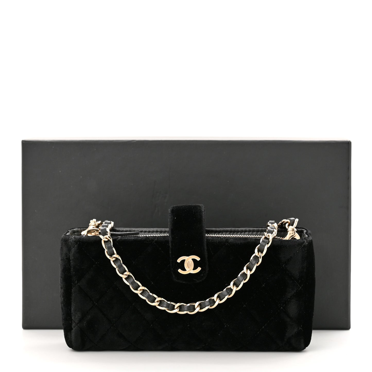 Velvet Quilted Small Clutch With Chain Black
