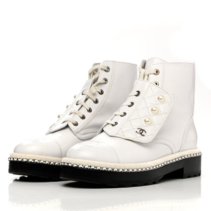 Chanel Crackled Calfskin Pearl Chain CC Combat Short Boots 37 White 3 of 13