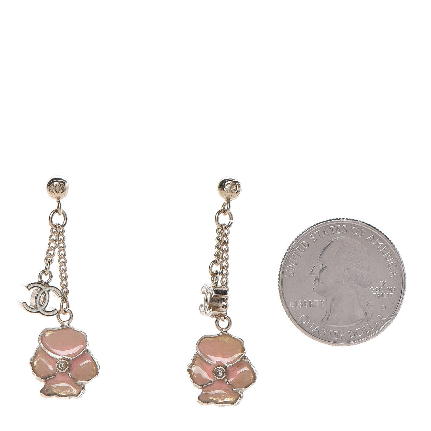 Chanel Enamel Crystal CC Camellia Drop Earrings Pink Gold 2 of 6