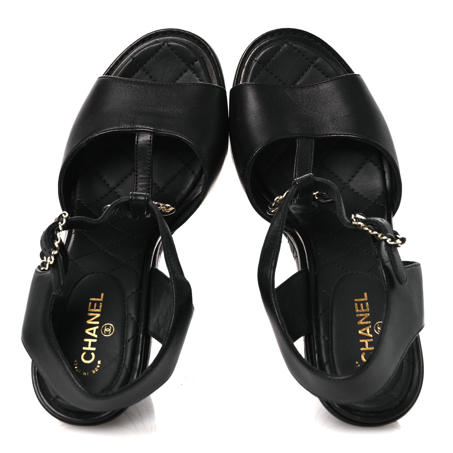 Lambskin Quilted Chain CC Wedge Sandals 39 Black