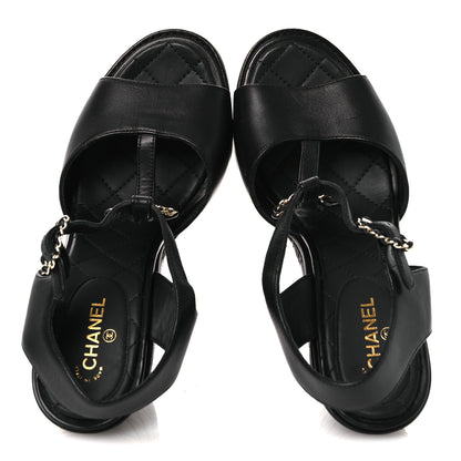 Chanel Lambskin Quilted Chain CC Wedge Sandals 39 Black 2 of 12
