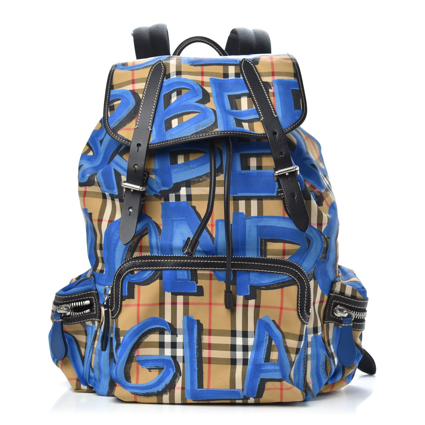 Vintage Check Graffiti Print Large Rucksack Backpack Blue Antique Yellow